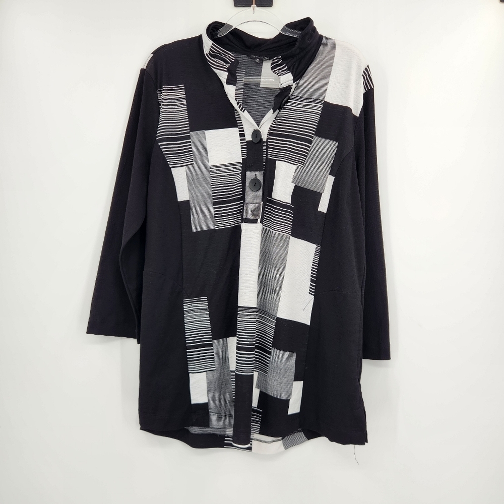 John Mark Long Sleeve Popover Tunic Top Blouse Womens Size XL Black White Pocket